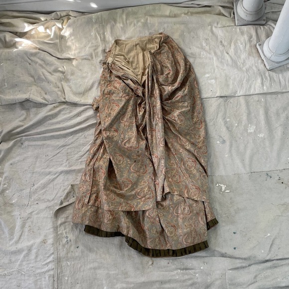 Antique 1800s Printed Asymmetric Walking Dress Skirt Bustle Draping Pleats - Picture 16 of 16